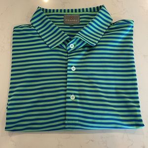 Fennec Short Sleeve Golf Shirt. XL. Green & Blue Stripe.